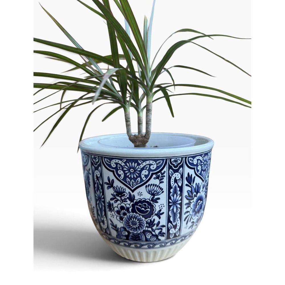 Delfts Planter Jardiniere 12" Blue and White Floral Chinoiserie by Boch Frères